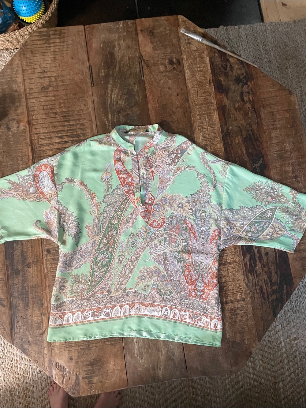 Zara Mint Green Paisley-Print Band-Collar Shirt